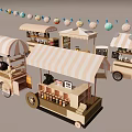 Colorful Mobile Food Carts With Striped Canopies Decorative Banners And Varied Designs