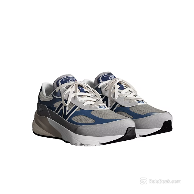 Gray And Blue Casual Sneakers With White Laces And White Black Sole For Daily Wear 3d model 