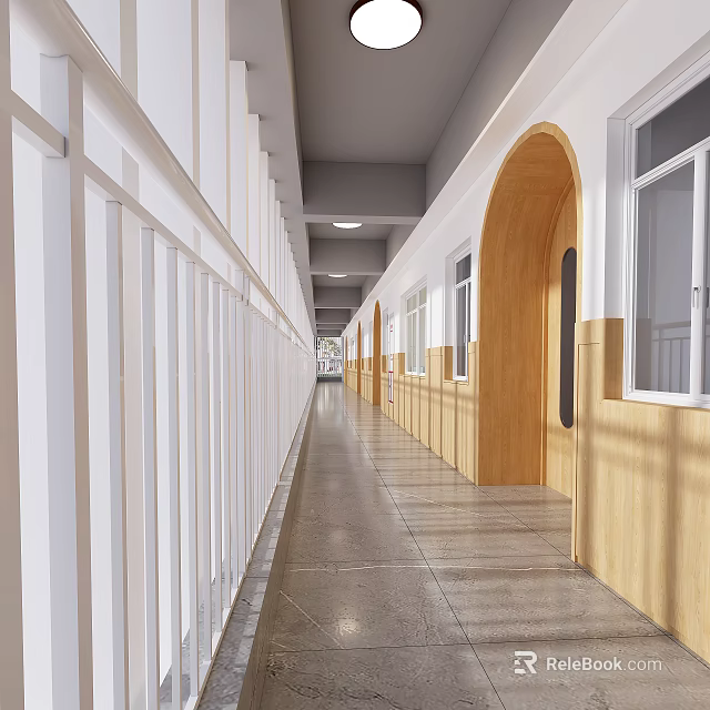 Modern Elevator Corridor With Wooden Arches And Tiled Floors 3d model