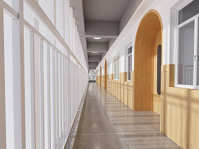 Modern Elevator Corridor With Wooden Arches And Tiled Floors 3d model