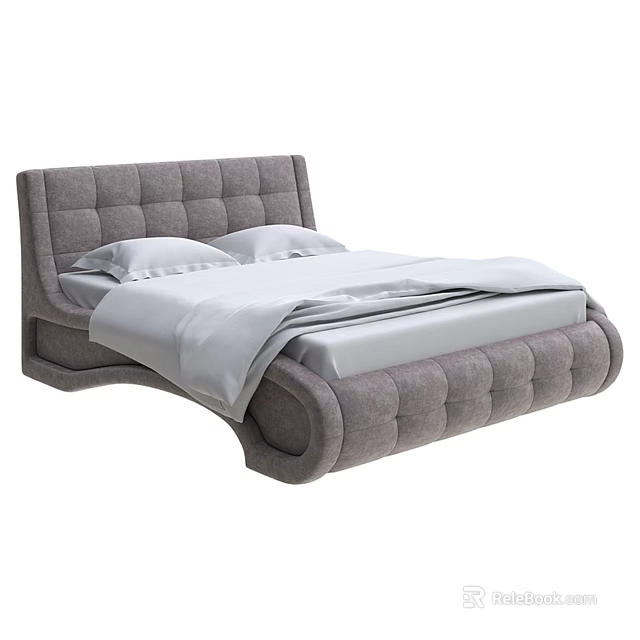 Modern Gray Upholstered Double Bed With Tufted Headboard And White Sheets 3d model
