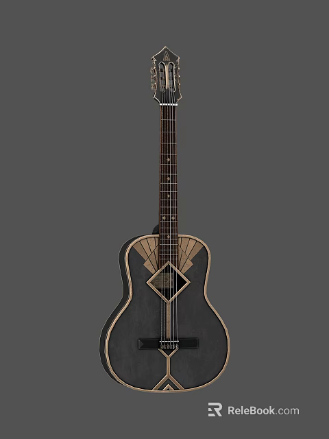 Art Supplies Decorated Musical Instrument Black Acoustic Guitar With Geometric Design 3d model 