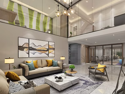 Spacious Modern High Ceiling Living And Dining Room With Elegant Comfortable Home Interior Design 3d model
