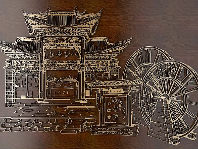 Intricate Chinese Carving Design With Traditional Archway Waterwheel And Wooden Patterns 3d model