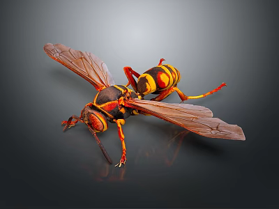 Detailed Wasp Insect Close Up View With Yellow Black Stripes And Transparent Wings 3d model