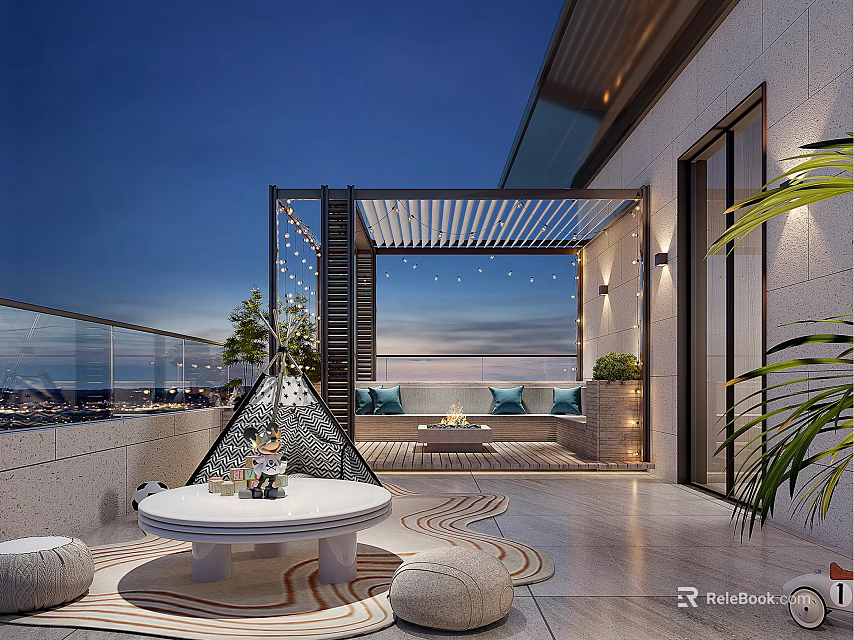 Elegant Rooftop Garden With Covered Area String Lights Sofa Blue Cushions Round Table City View 3d model 