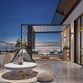 Elegant Rooftop Garden With Covered Area String Lights Sofa Blue Cushions Round Table City View