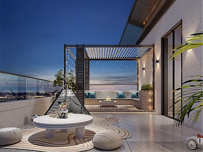 Elegant Rooftop Garden With Covered Area String Lights Sofa Blue Cushions Round Table City View 3d model