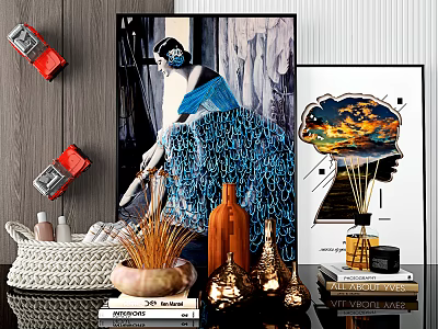 Modern Decorative Ornament Set With Art Prints Ceramic Vases Woven Basket Dried Flowers And Books 3d model