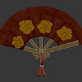 Decorative Red Fan with Yellow Flower Patterns Golden Ribs and Red Tassel