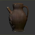 Vintage Brown Earthenware Jug With Carved Decorations Handle And Spout