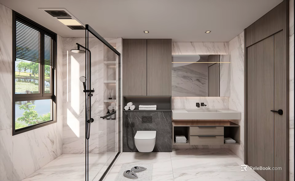 Modern Bathroom Interior Design With Glass Shower Enclosure Marble Walls Vanity Sink And Cabinets 3d model 