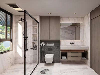 Modern Bathroom Interior Design With Glass Shower Enclosure Marble Walls Vanity Sink And Cabinets 3d model