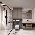 Modern Bathroom Interior Design With Glass Shower Enclosure Marble Walls Vanity Sink And Cabinets