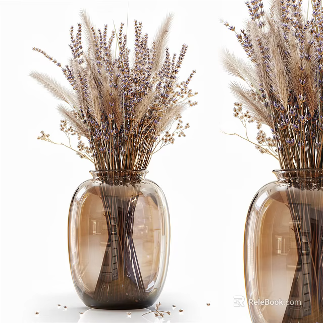 Round Brown Transparent Glass Vases With Dried Lavender And Pampas Grass 3d model 