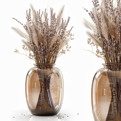 Round Brown Transparent Glass Vases With Dried Lavender And Pampas Grass 3d model