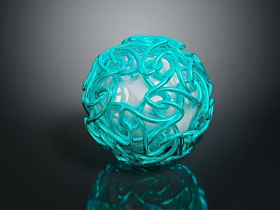 Turquoise Glass Sphere With Intricate Twisted Patterns And Reflective Surface Against Black Background 3d model