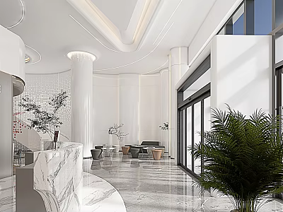 Luxury Modern Hotel Lobby Interior With Marble Reception Desk Round Columns And Green Plants 3d model