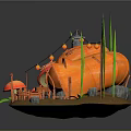 Orange Mushroom Shaped House With Green Grass Decorative Mushrooms Fence Stones And Hanging String Lights