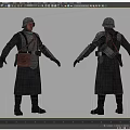 Man Wearing Military Helmet And Long Dark Coat With Leather Backpack