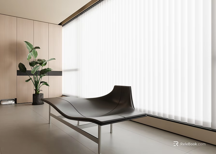 Modern Interior With White Vertical Sheer Curtains Alongside Black Sofa Green Plant And Wooden Wall 3d model 
