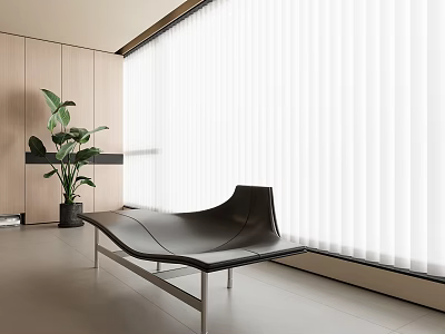 Modern Interior With White Vertical Sheer Curtains Alongside Black Sofa Green Plant And Wooden Wall 3d model