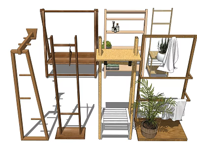 Wooden Clothes Racks Different Styles Floor Standing Designs With Plant And Towel 3d model