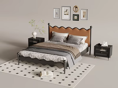 Double Bed with Brown Headboard Black Frame Gray Bedding and Nightstands on Checkered Rug 3d model