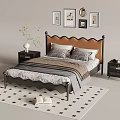 Double Bed with Brown Headboard Black Frame Gray Bedding and Nightstands on Checkered Rug