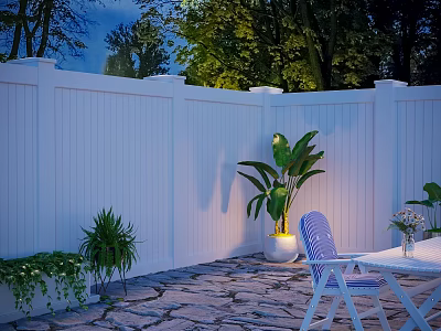 Serene Nighttime Outdoor Space With White Fence Stone Patio Green Plants And Striped Chair 3d model