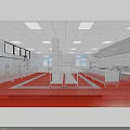 Commercial Kitchen With Stainless Steel Equipment Central White Worktable Red Flooring White Tiled Walls Ceiling Lights