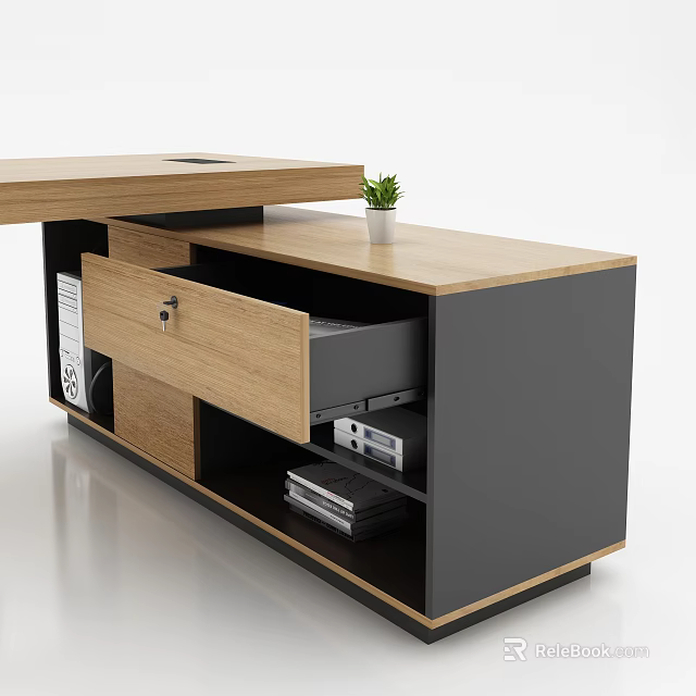 Modern Office Desk With Wooden Top Open Drawer Shelf And Small Potted Plant 3d model 