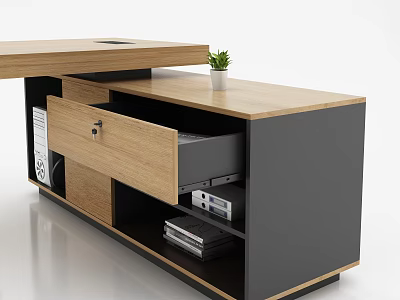 Modern Office Desk With Wooden Top Open Drawer Shelf And Small Potted Plant 3d model