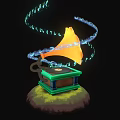 Vintage Green Gramophone With Yellow Horn Playing Music And Floating Blue Notes Electronic Appliance