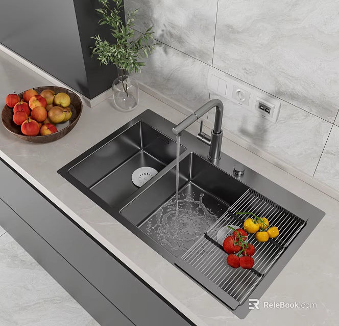 Stainless Steel Kitchen Sink With Faucet Running Water Draining Rack And Fresh Fruits On Counter 3d model 