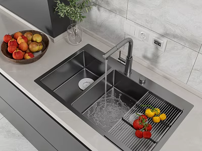 Stainless Steel Kitchen Sink With Faucet Running Water Draining Rack And Fresh Fruits On Counter 3d model