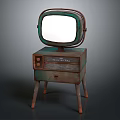 Vintage Retro Television Set On Green Brown Cabinet With Drawers Buttons And Legs