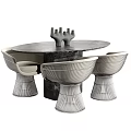 Modern Designer Dining Table Set With Round Stone Tabletop Striped Chairs And Unique Base 3d model