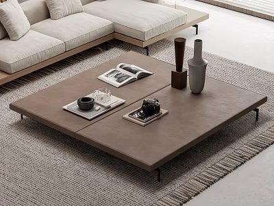 Elegant Modern Coffee Table With Leather Top Black Legs Magazines Camera And Vases In Living Room 3d model
