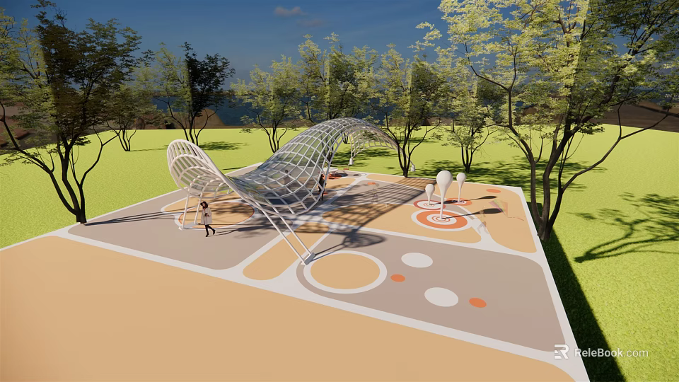 Modern Pergola Structure In Outdoor Park With Trees And Circular Floor Patterns 3d model