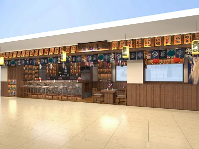 Traditional Restaurant Interior With Wooden Counter Hanging Lanterns Display Shelves And Large Screens 3d model