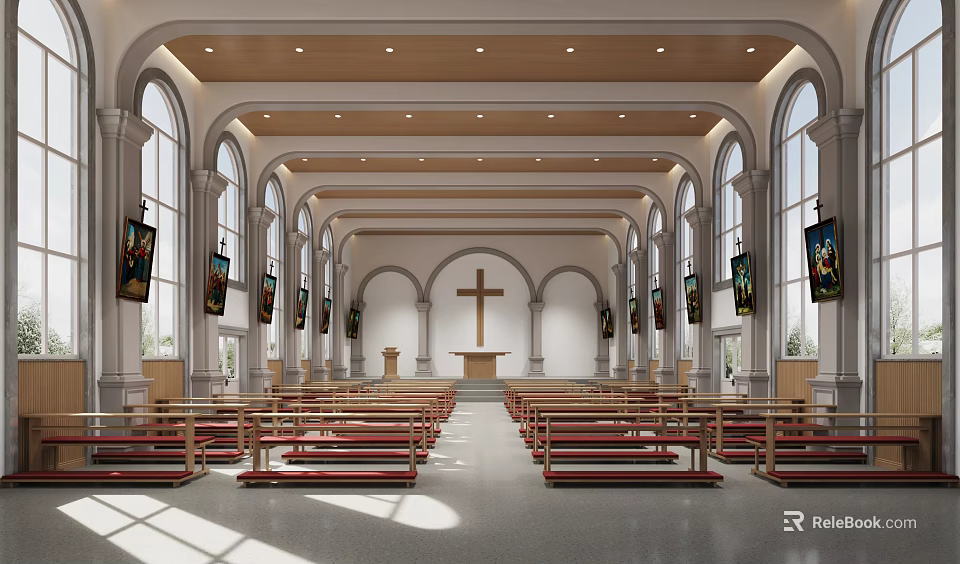 Church Interior With Wooden Pews Cross Arched Windows And Religious Paintings 3d model 