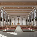 Church Interior With Wooden Pews Cross Arched Windows And Religious Paintings