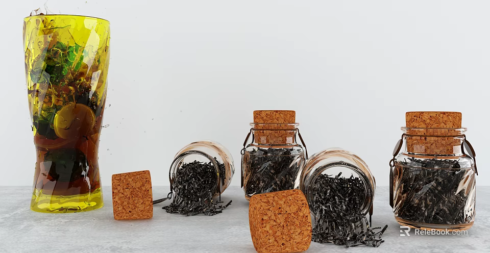 Glass Jars With Cork Stoppers For Storing Black Tea And Kitchen Supplies 3d model 