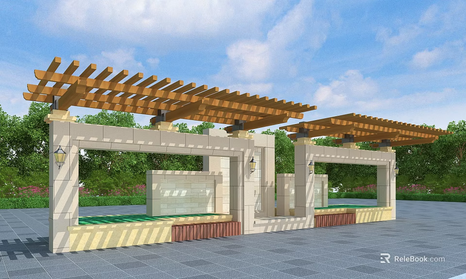 Outdoor Wooden Pergola With Stone Columns Green Plants Water Feature And Stone Pavement 3d model 