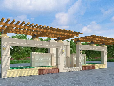 Outdoor Wooden Pergola With Stone Columns Green Plants Water Feature And Stone Pavement 3d model