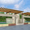 Outdoor Wooden Pergola With Stone Columns Green Plants Water Feature And Stone Pavement