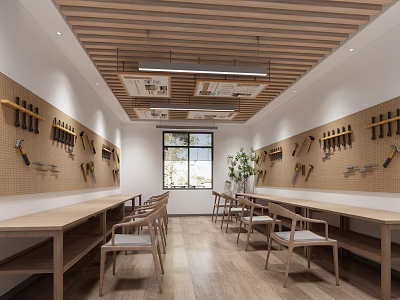 Spacious Book Art Studio with Wooden Tables Wall Tools Display Potted Plants and Natural Light 3d model