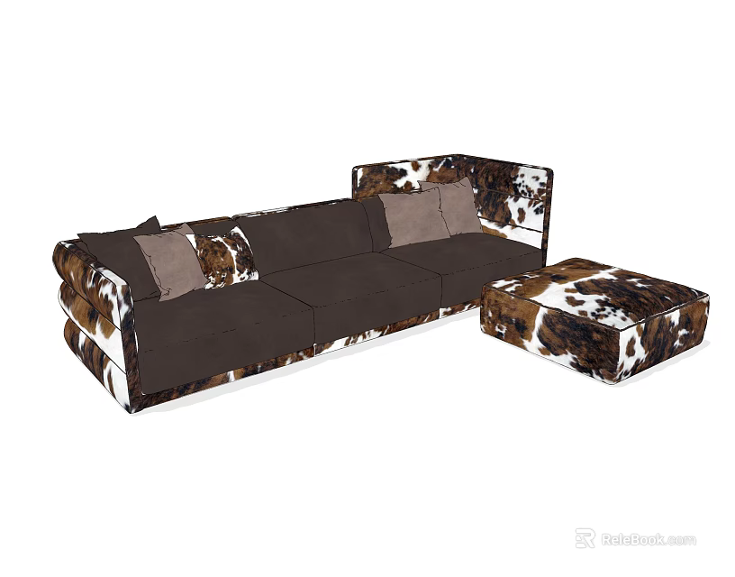 Stylish Sofa and Coffee Table Set with Dark Brown Upholstery Gray Pillows and Cowhide Pattern 3d model