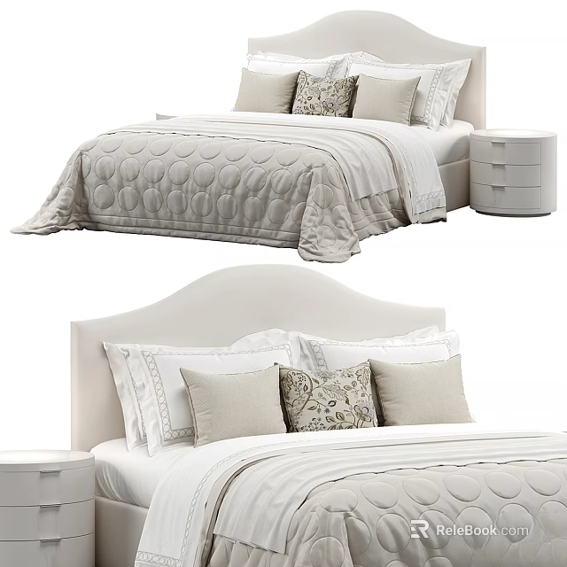 Minimalist Double Bed Interior With Curved Headboard Decorative Pillows And White Drawer Nightstand 3d model 